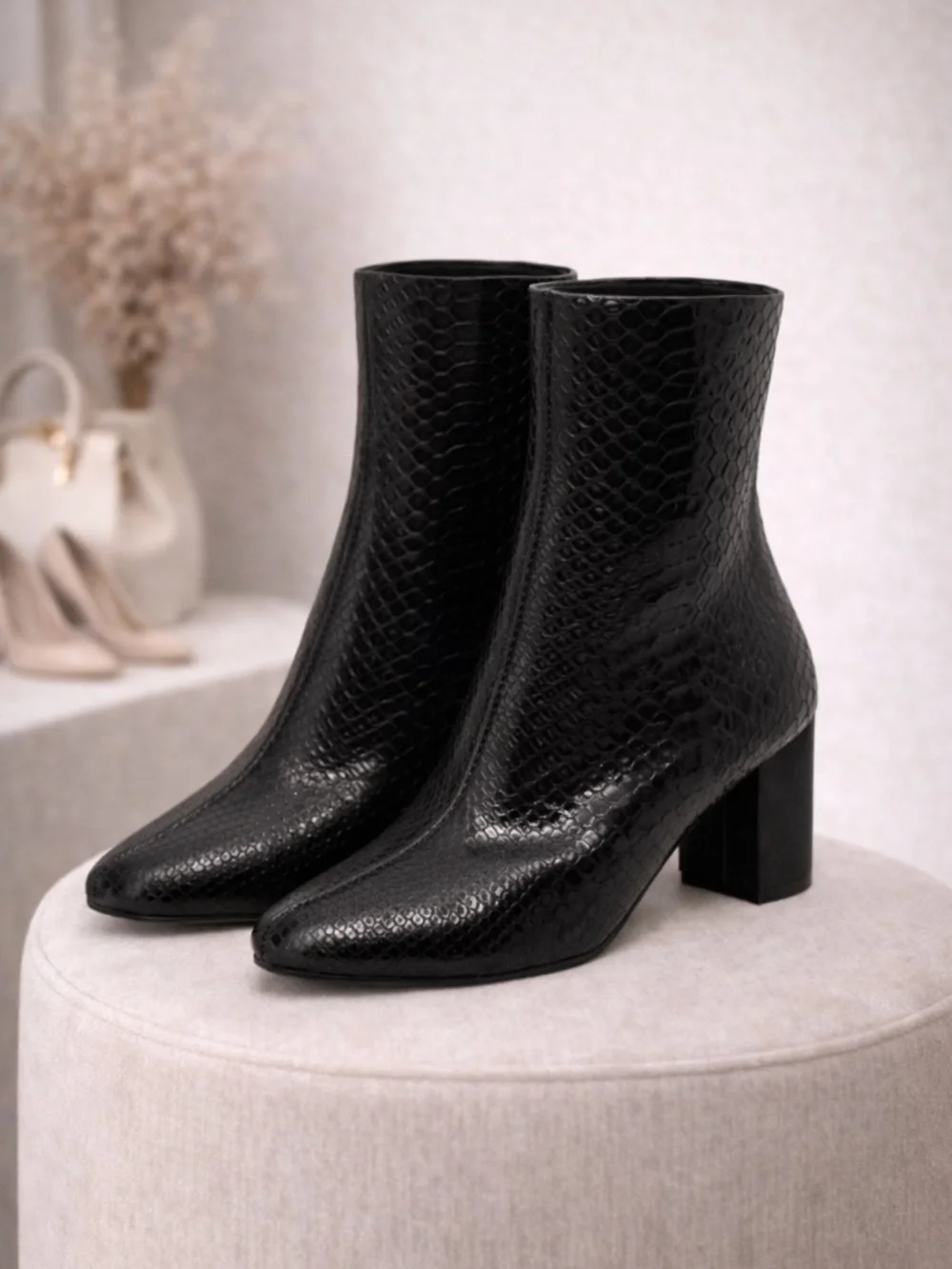 Charles & Keith Black Snakeskin Embossed Ankle Boots Block Heel Size 8